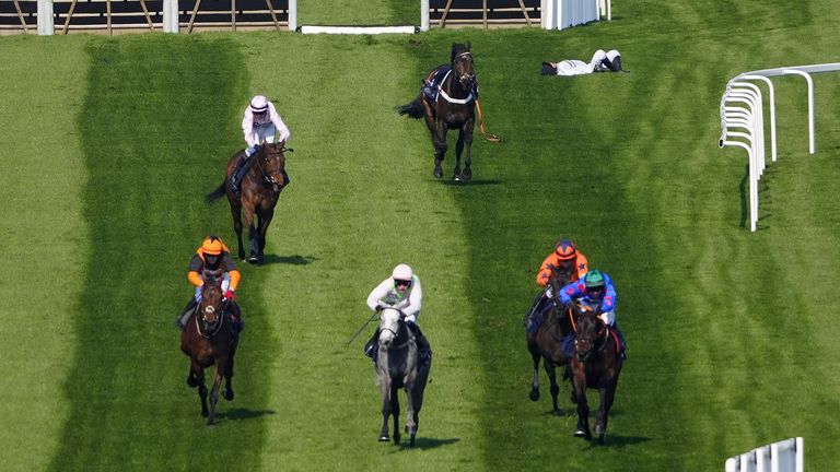Nico de Boinville lies distraught but unhurt as Constitution Hill gallops away from his heavy fall at Aintree