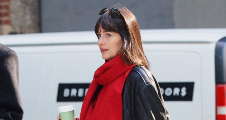 Dakota Johnson Pairs Red Scarf with Leather Jacket for Coffee Run in NYC | Dakota Johnson | Celebrity News and Gossip | Entertainment, Photos and Videos