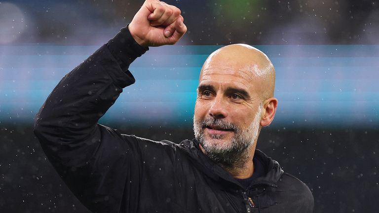 Pep Guardiola celebrates after Man City's win over Newcastle