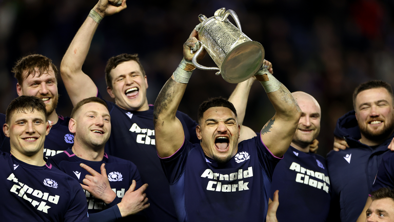 Sione Tuipulotu lifts the Calcutta Cup after Scotland defeat England 31-20 at Murrayfield