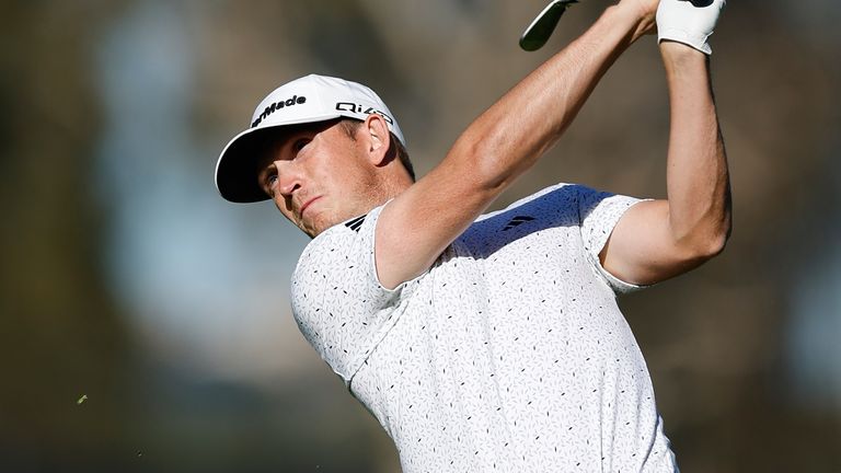 Jacob Bridgeman hits from the 15th fairway during the third round of the Genesis Invitational golf tournament at Riviera Country Club, Saturday, Feb. 21, 2026, in the Pacific Palisades area of Los Angeles. (AP Photo/Caroline Brehman )