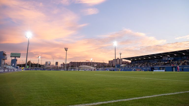 The stadium skyline is visible during the La Liga F Move 25-26 match between RCD Espanyol and Madrid CFF at CE Dani Jarque in Barcelona