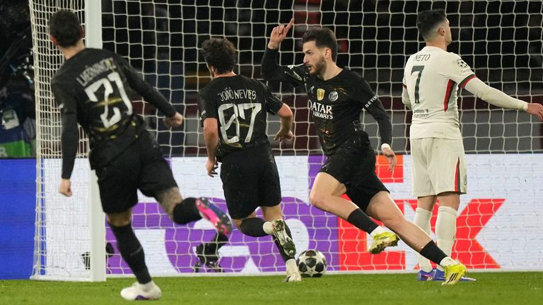 Khvicha Kvaratskhelia celebrates after scoring PSG's fifth goal with the last kick of the game