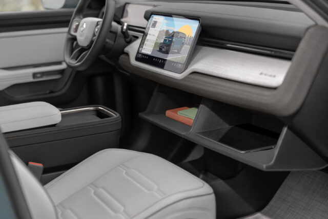 Rivian R2 interior showing glove boxes