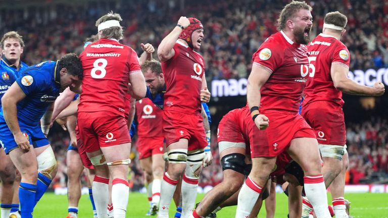 Wales players celebrate Dewi Lake's try against Italy