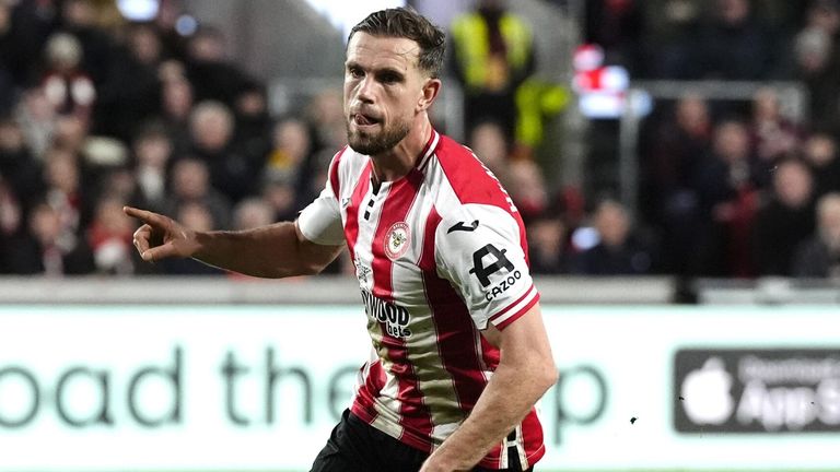 Jordan Henderson celebrates after firing Brentford in front against Leeds