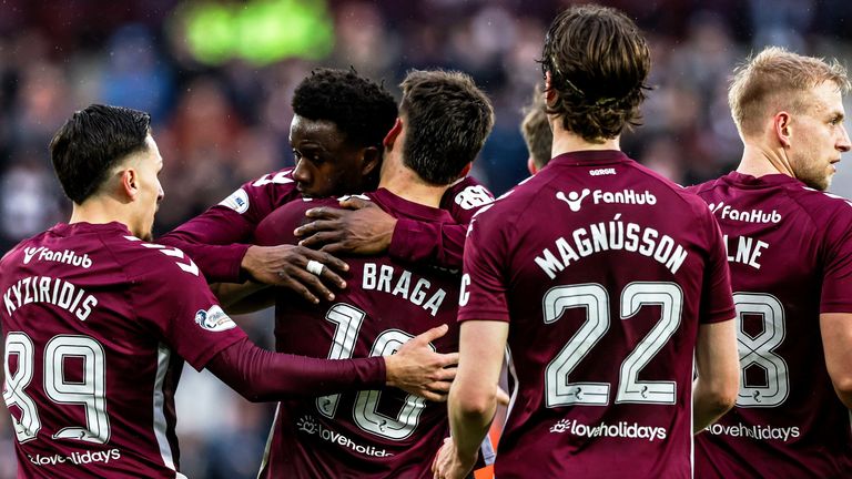 EDINBURGH, SCOTLAND - FEBRAURY 28: Hearts Claudio Braga celebrates scoring to make it 1-0 with Pierre Landry Kabore during a William Hill Premiership match between Heart of Midlothian and Aberdeen at Tynecastle park, on February 28, 2026, in Edinburgh, Scotland. (Photo by Craig Williamson / SNS Group)