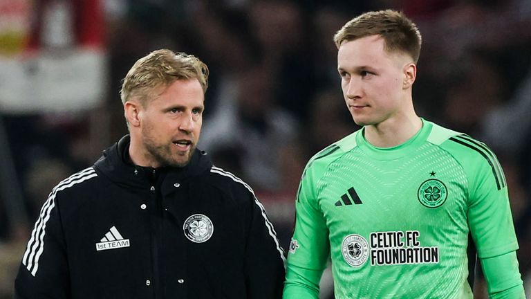 Viljami Sinisalo (R) started Celtic's Europa League play-off match in Stuttgart instead of Kasper Schmeichel (L)