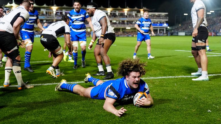 Alfie Barbeary scores one of Bath's nine tries.