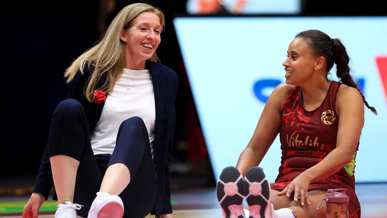 England Vitality Roses technical coach Olivia Murphy speaks to Laura Malcolm at the end of the Vitality netball match at the Motorpoi