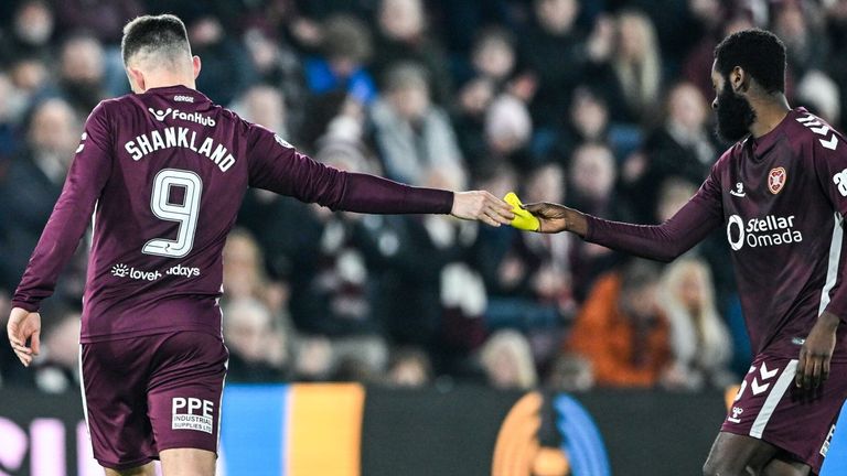 EDINBURGH, SCOTLAND - JANUARY 17: Hearts' Lawrence Shankland (L) hands the captain's armband to Beni Baningime as he is substituted following an injury during a Scottish Gas Scottish Cup Fourth Round match between Heart of Midlothian and Falkirk at Tynecastle Park, on January 17, 2026, in Edinburgh, Scotland. (Photo by Paul Devlin / SNS Group)