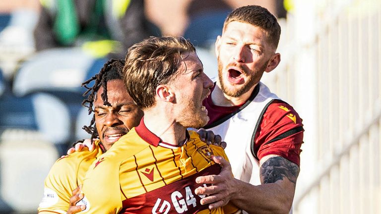 Motherwell's Callum Slattery celebrates scoring the equaliser at Dundee