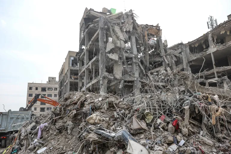 Emergency personnel work at the site of a strike