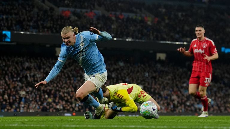 Matz Sels sent Erling Haaland tumbling shortly before Elliot Anderson's equaliser - but nothing was given by referee Darren England or VAR