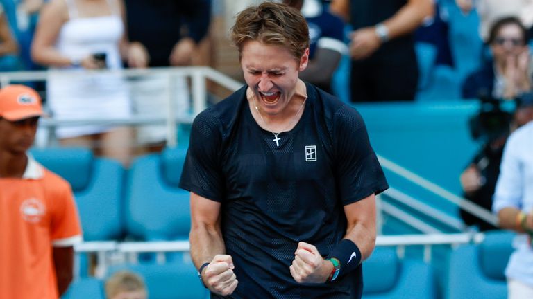 Sebastian Korda celebrates at the Miami Open (Photo by Chris Arjoon/Icon Sportswire) (Icon Sportswire via AP Images)
