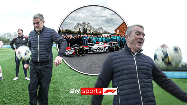 Sky reporter shows off his keepy-uppy skills in front of Coventry and Haas F1 team!