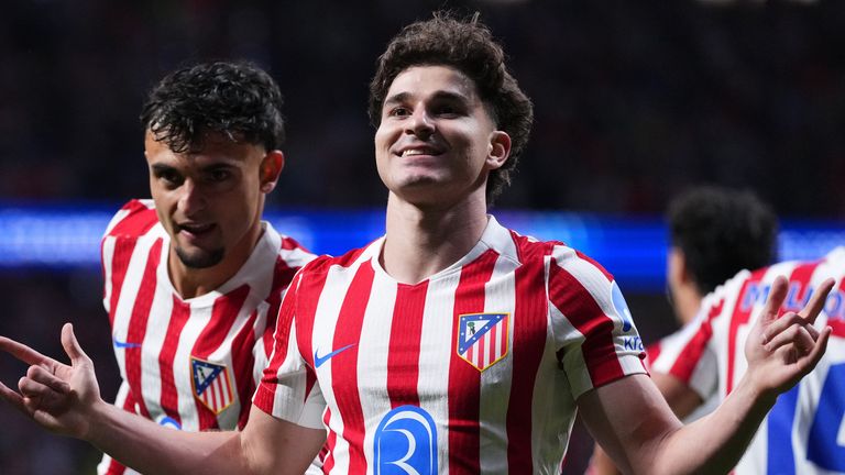 Atletico Madrid's Julian Alvarez celebrates after scoring against Arsenal (AP Photo/Manu Fernandez)