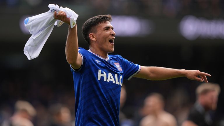Marcelino Nunez celebrates after helping Ipswich beat Norwich 3-1 in October