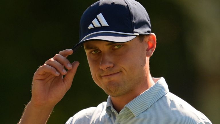 Ludvig Aberg, of Sweden, reacts on the second green during the first round at the RBC Heritage golf tournament,..Thursday, April 16, 2026, in Hilton Head Island, S.C. (AP Photo/Mike Stewart)