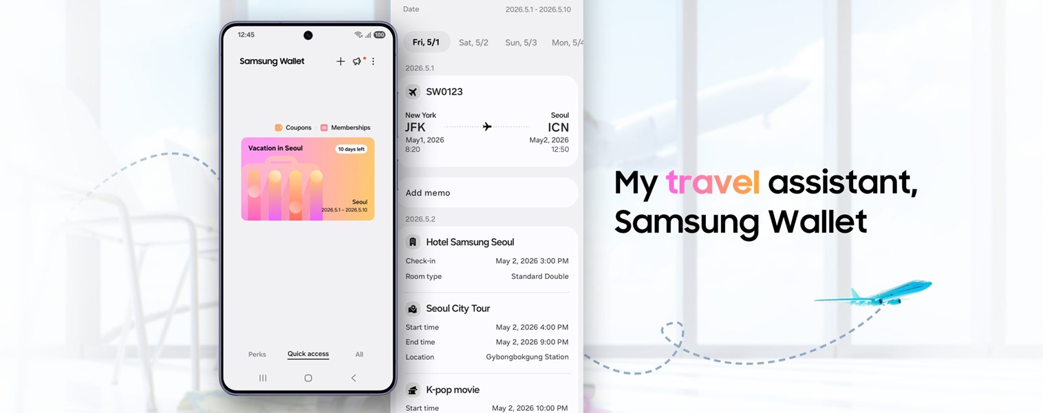 Samsung Wallet introduces "Trips," showcasing a users plans for their trip, such as their flight window, hotel, rentals, tickets, and more.