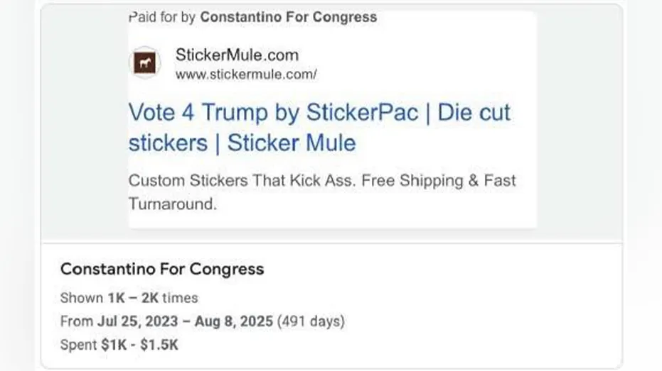 Screenshots from Google’s Ads Transparency Center show Sticker Mule ads labeled as