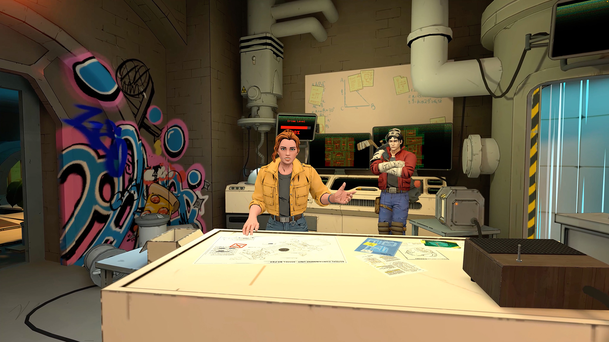 An official screenshot of TMNT: Empire city for the Meta Quest in the Turtle's Lair with April and Casey