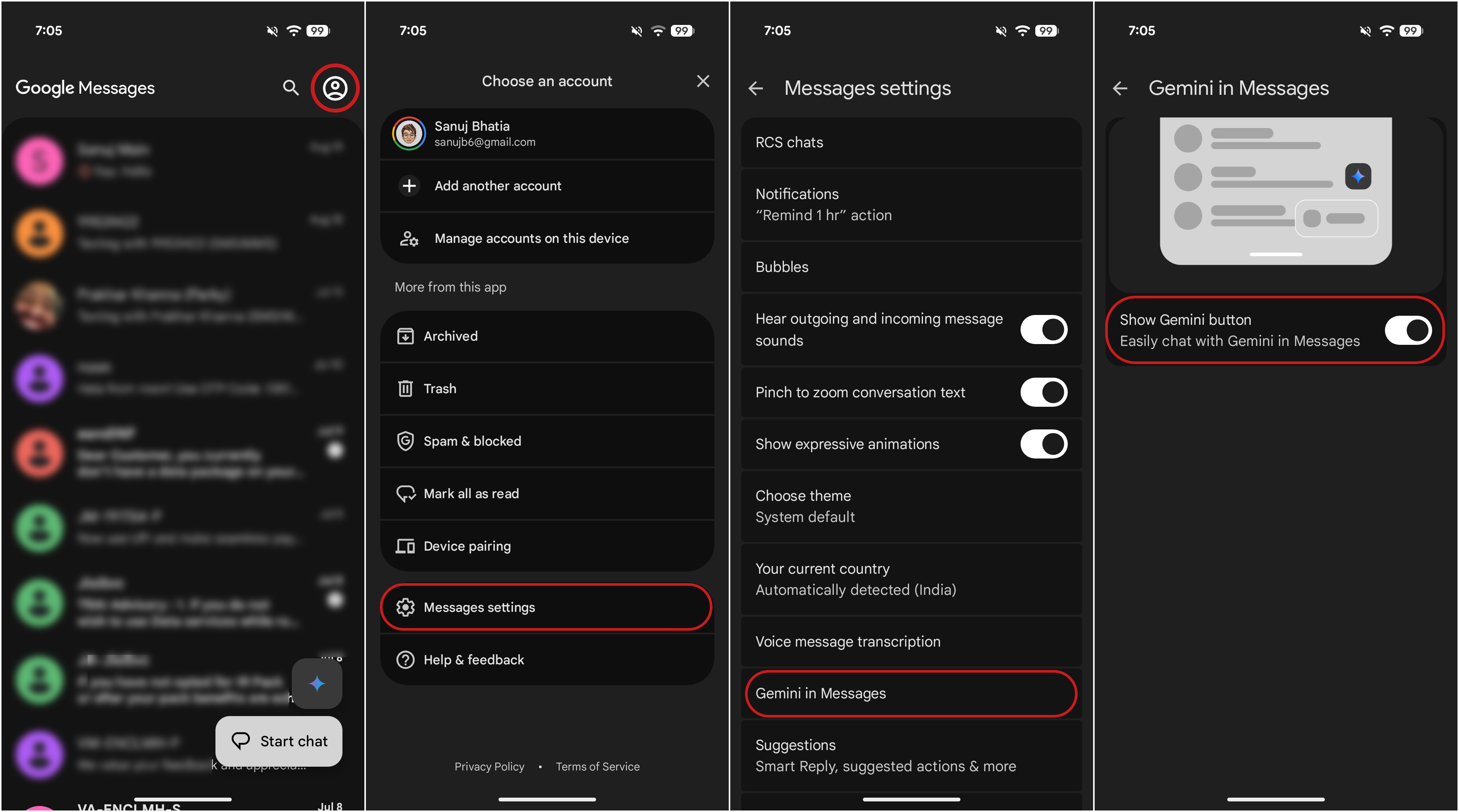 Steps to disable Gemini in Google Messages