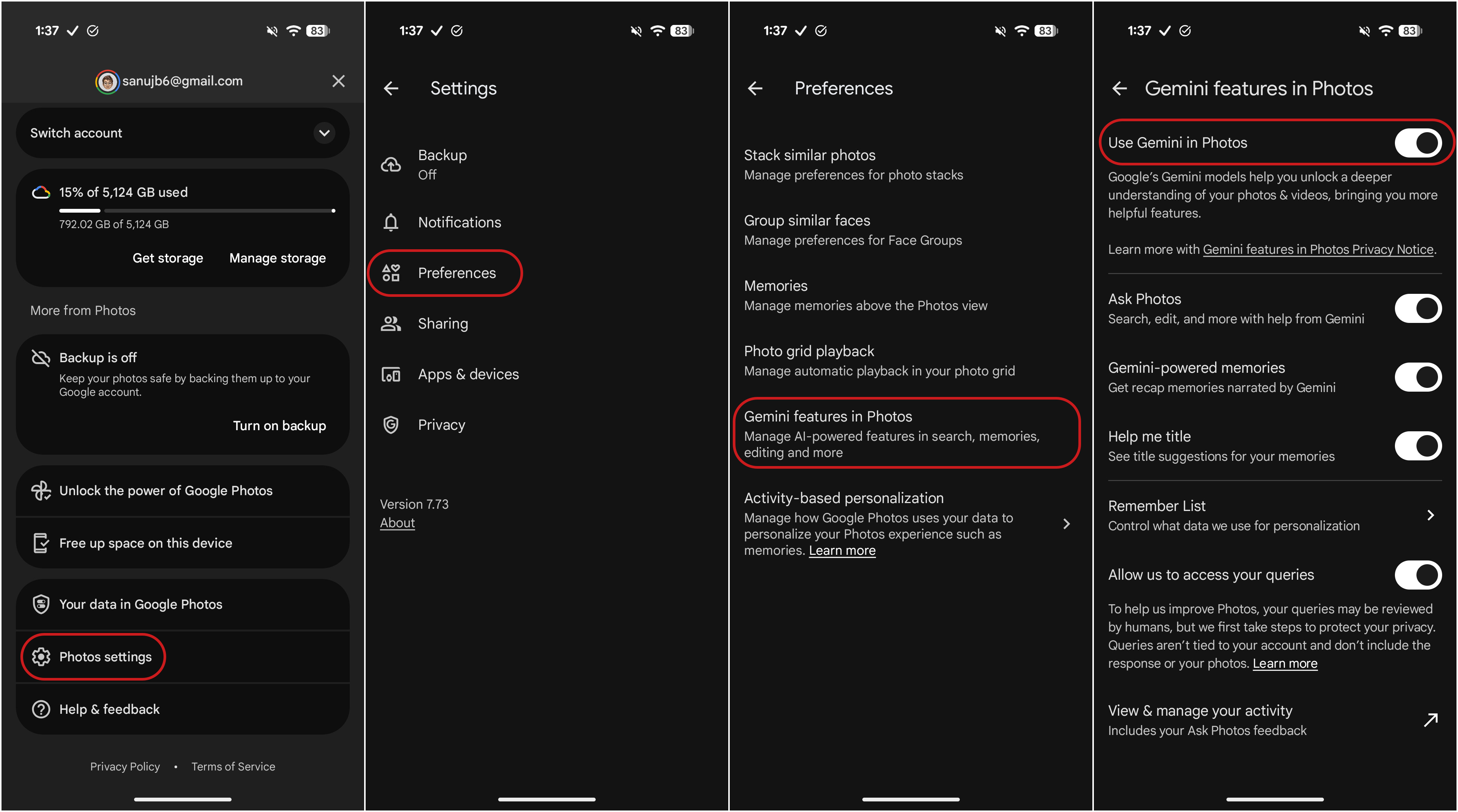 Steps to disable Gemini in Google Photos app