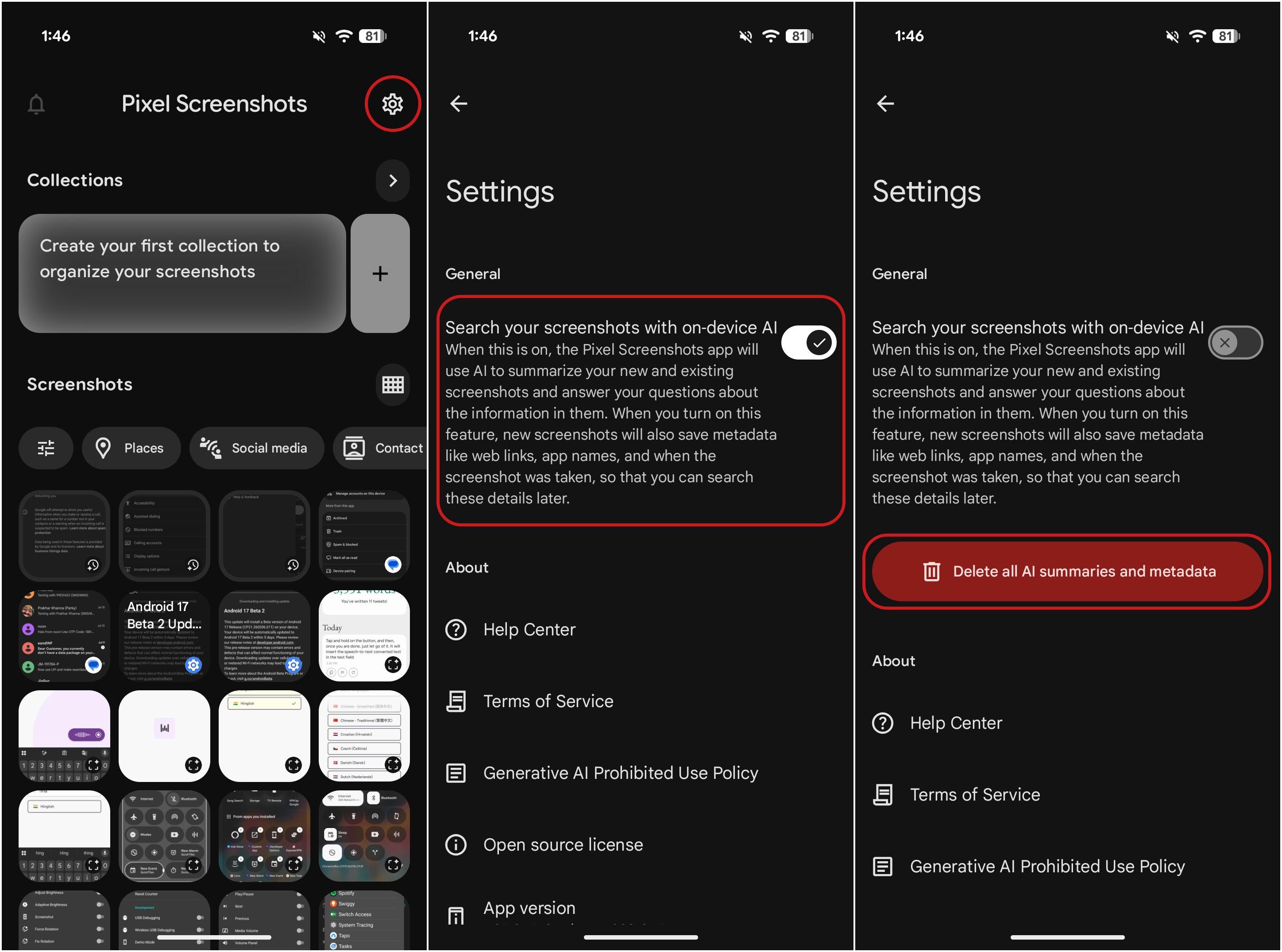 Steps to disable on-device AI from the Pixel Screenshots app