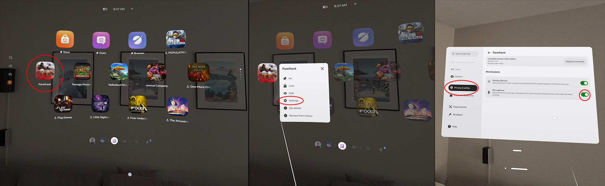 Adjusting a game's permissions on a Meta Quest 3 with the Navigator UI