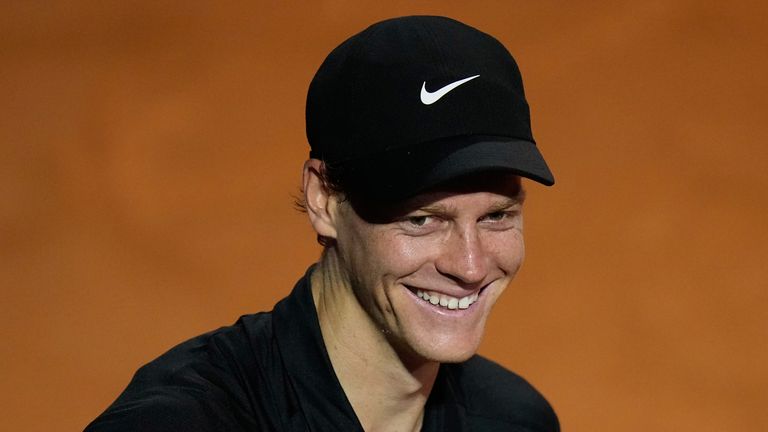 Italy's Jannik Sinner smiles after winning the match against Austria's Sebastian Ofner at the Italian Open 