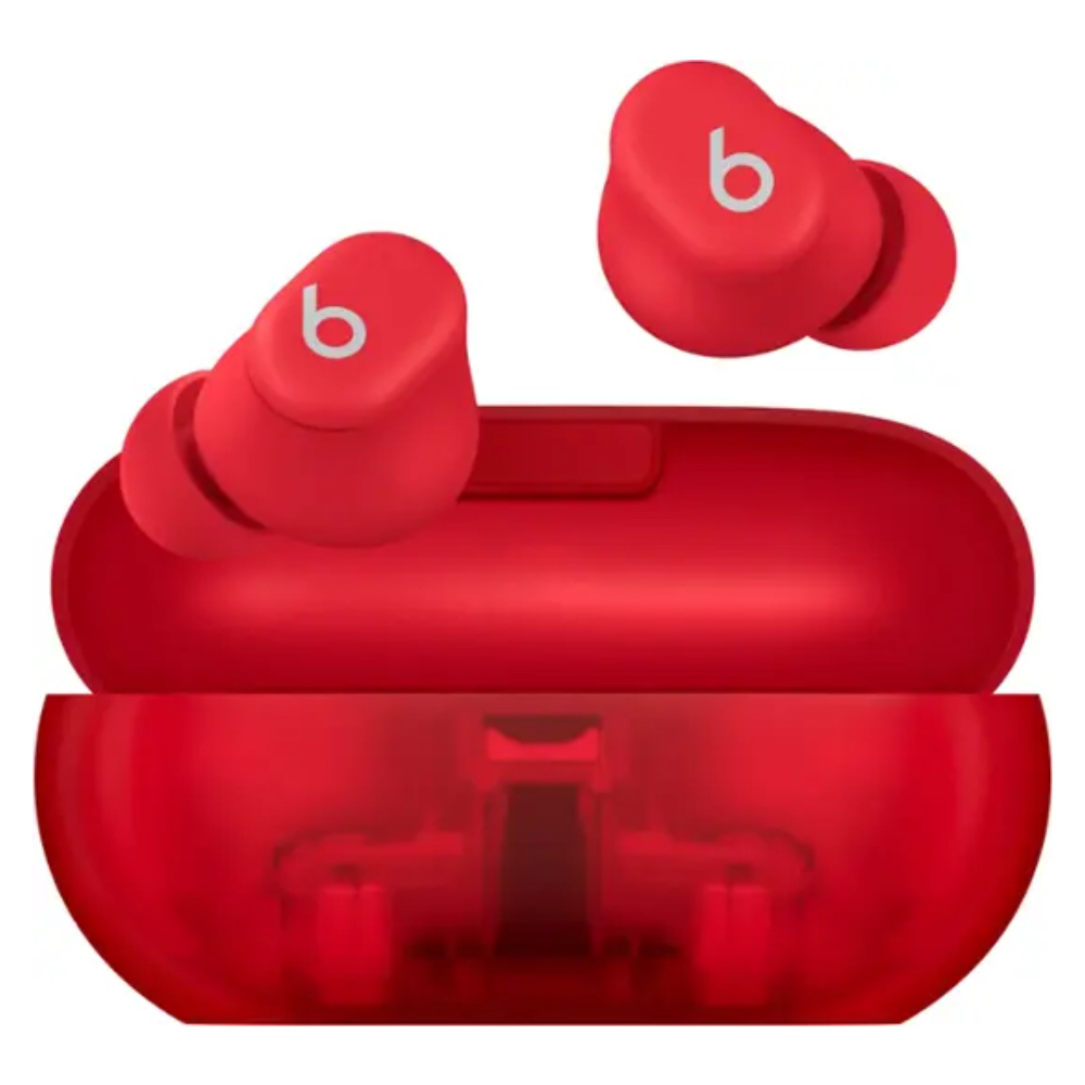 A white render of Beats Solo Buds in Transparent Red.