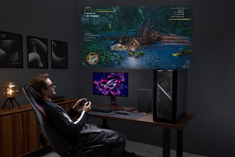 The ROG Xreal R1 AR gaming glasses in black feature an anchored screen in its display, but also it can project a 171-inch virtual screen for an expanded gaming experience.