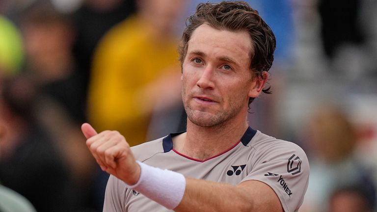 Norway's Casper Ruud reacts after beating Czech Republic's Jiri Lehecka 6-3, 6-4, after their match at the Italian Open tennis tournament in