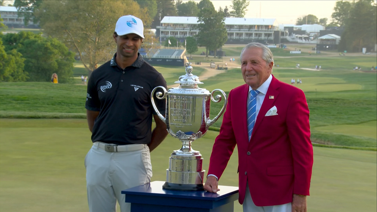 Aaron Rai poses for photos alongside Gary Player, the last golfer to win the PGA Championship in 1962 