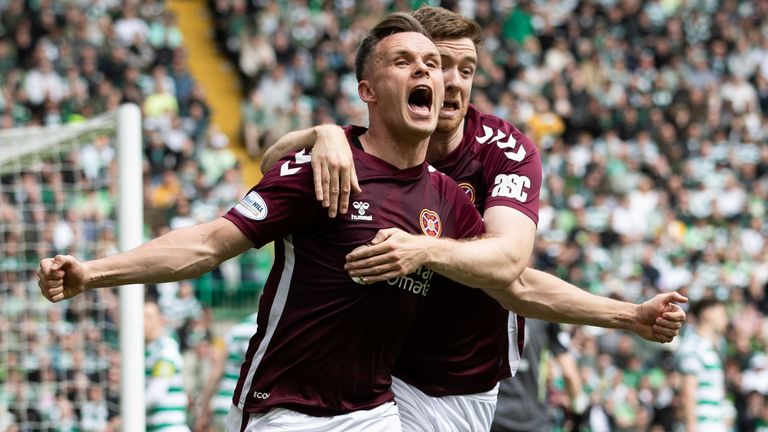 Lawrence Shankland celebrates after giving Hearts the lead at Celtic Park