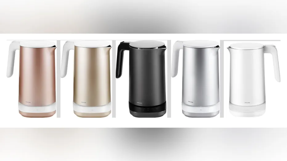 Various colored electric kettles lined up