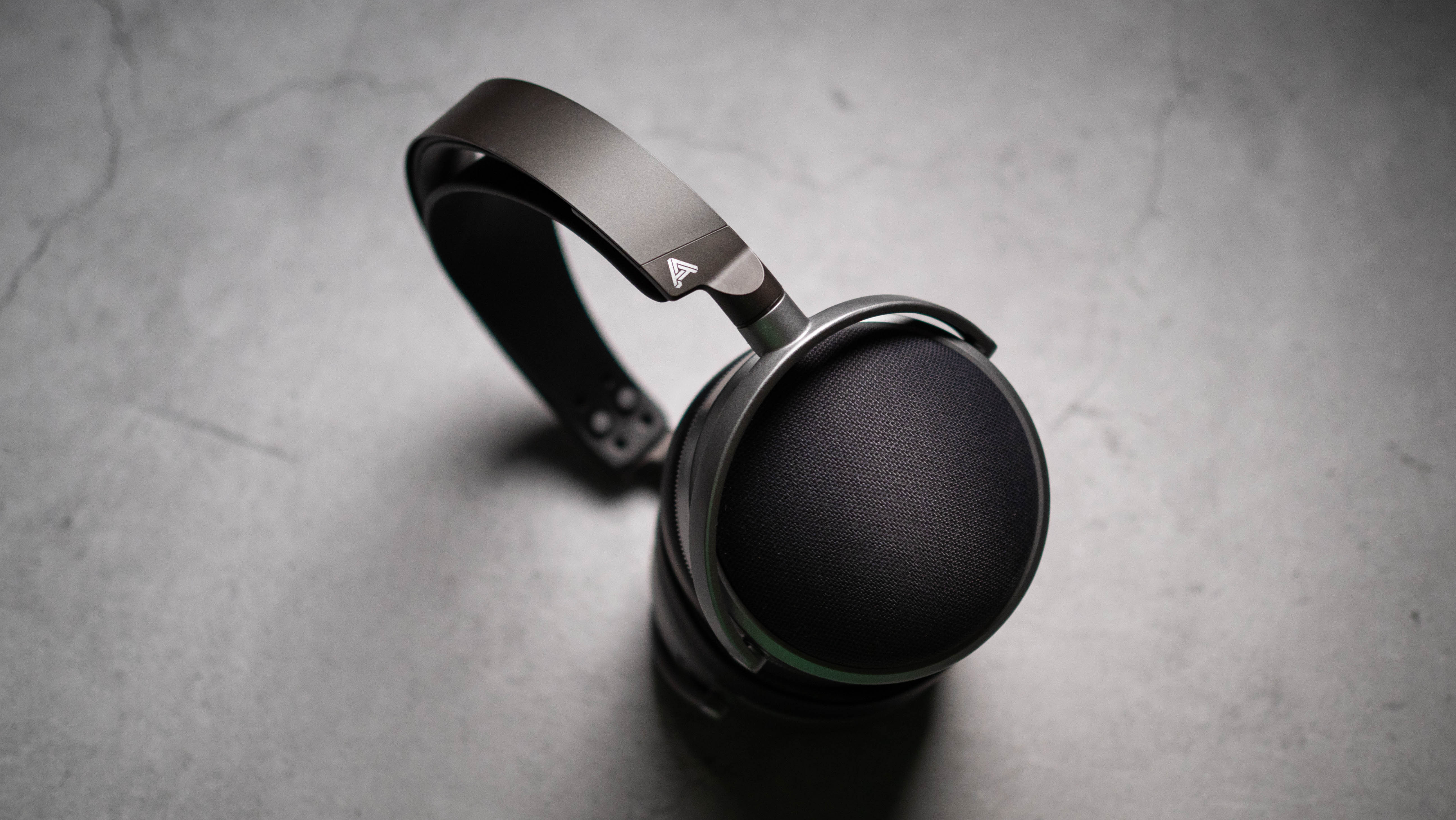 Audeze LCD-S20 planar headset against a grey craft sheet highlighting the product design