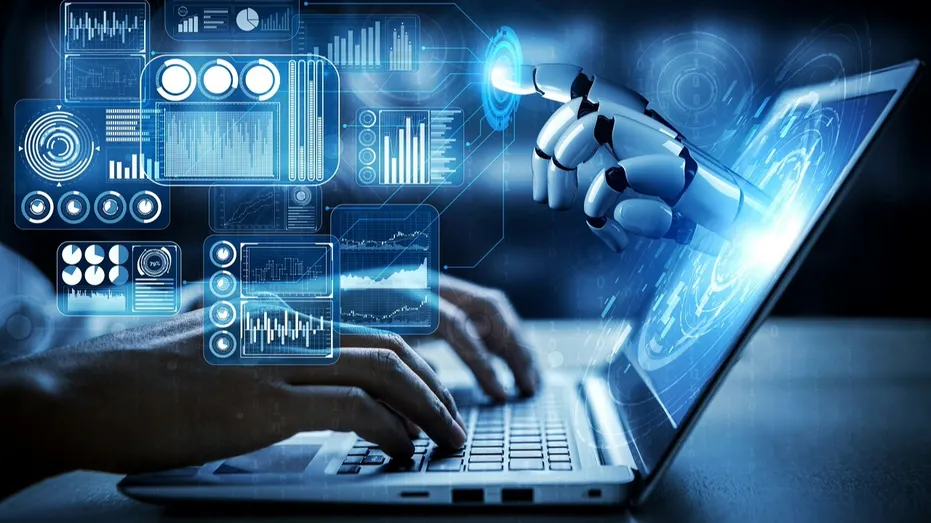 A robot hand through a screen representing AI.