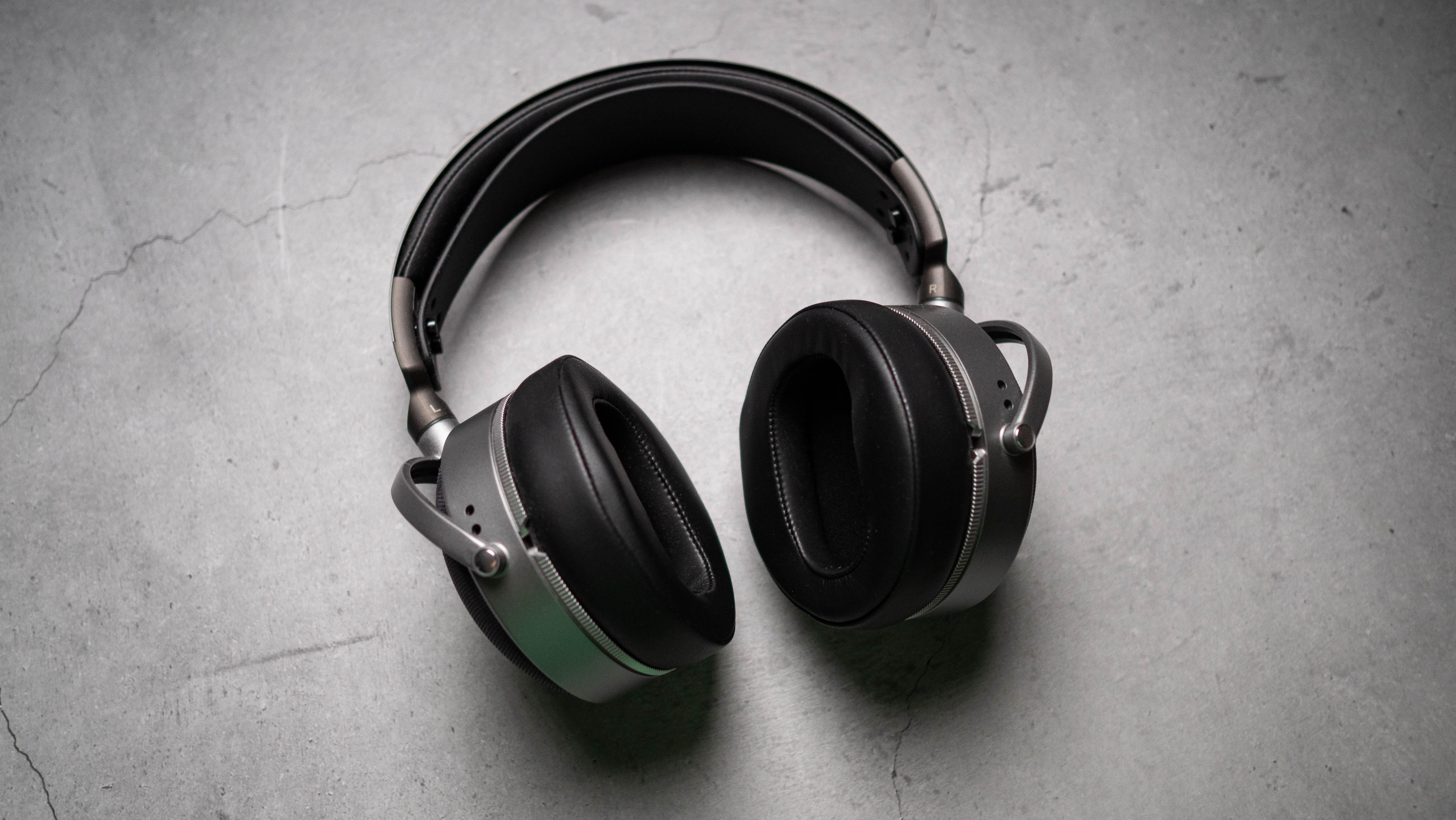 Audeze LCD-S20 planar headset against a grey craft sheet highlighting the product design