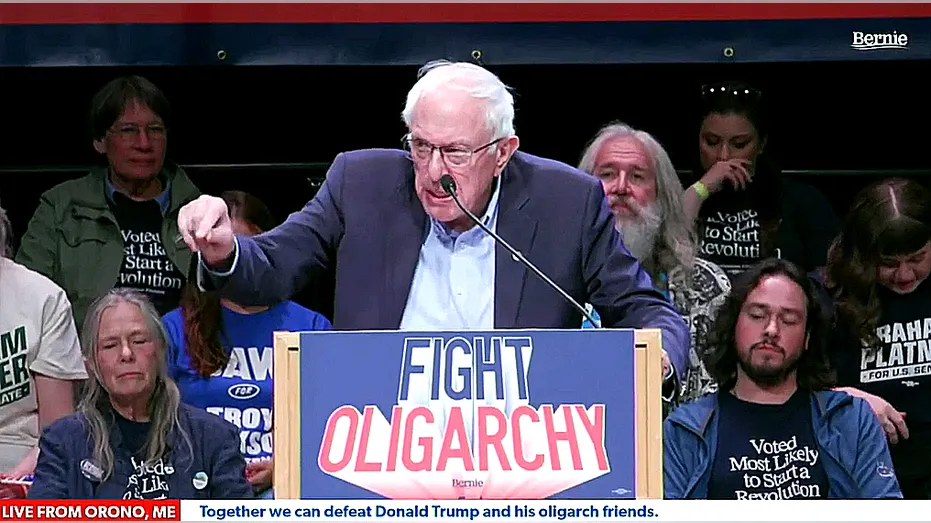 Sen. Bernie Sanders addresses supporters at a rally in Orono, Maine.