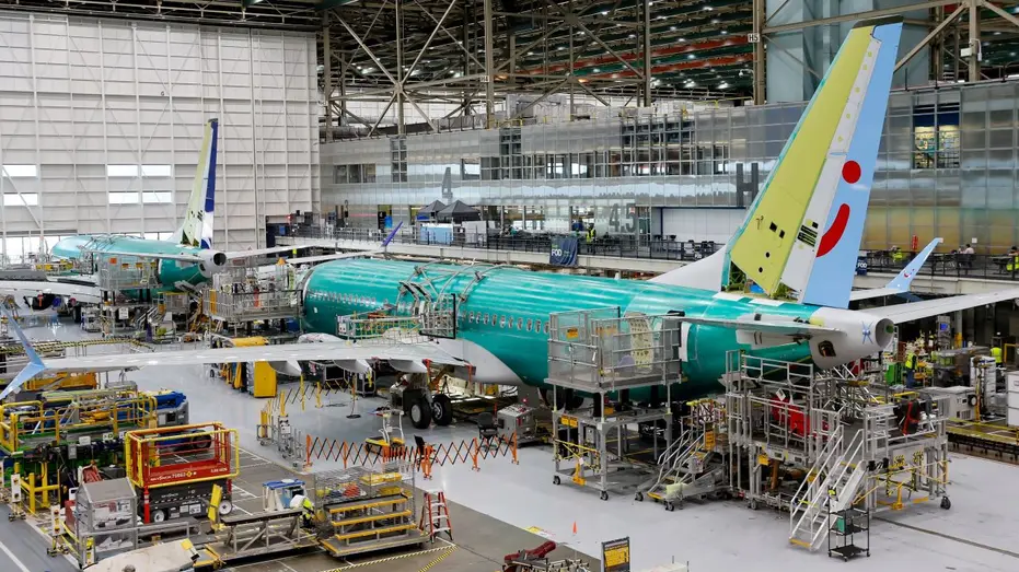 Boeing jetliners on the manufacturing floor