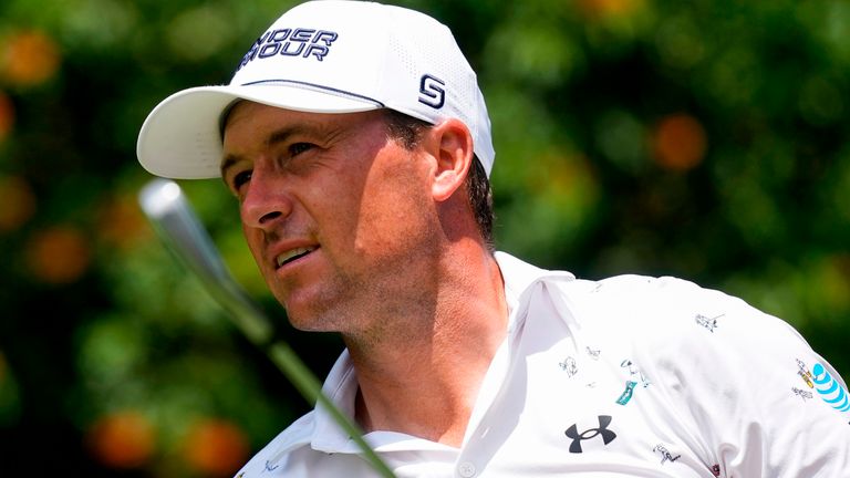 Jordan Spieth follows his shot from the 13th tee during the first round of the Cadillac Championship PGA golf tournament Thursday, April 30, 2026, in Doral, Fla. (AP Photo/David J. Phillip)