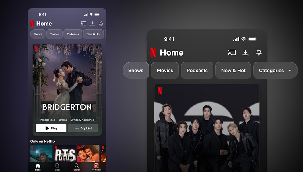 Netflix redesigned its mobile app, placing its most used items at the top, such as shows, movies, and more.