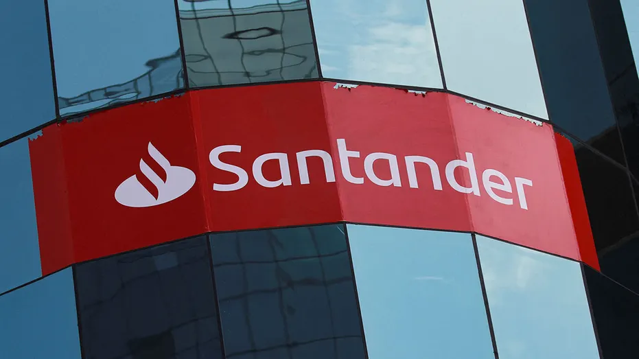 The Santander bank is seen on the facade of the corporate building