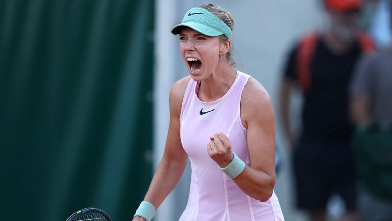 Katie Boulter of Great Britain reacts during their Women's Singles first round match against Akasha Urhobo of United States on Day Two of th