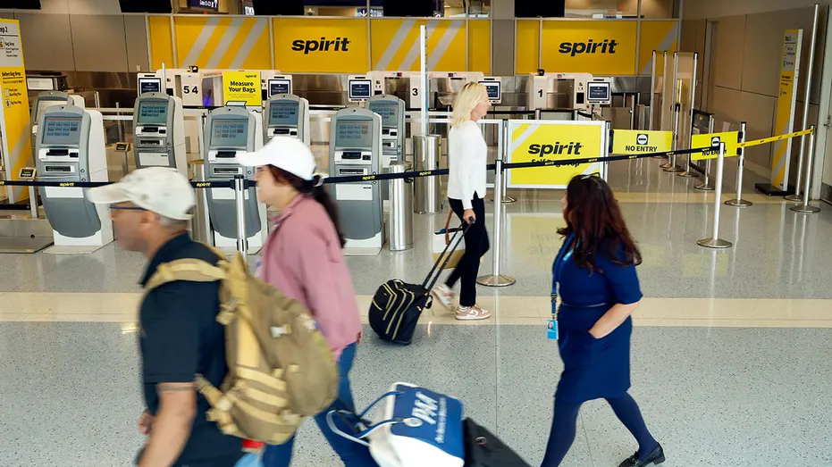 Airline passenger walk by empty Spirit Airlines kiosks