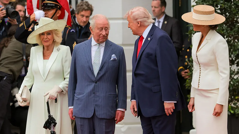 Queen Camilla King Charles III President Donald Trump and First Lady Melania Trump posing on the South Lawn of the White House