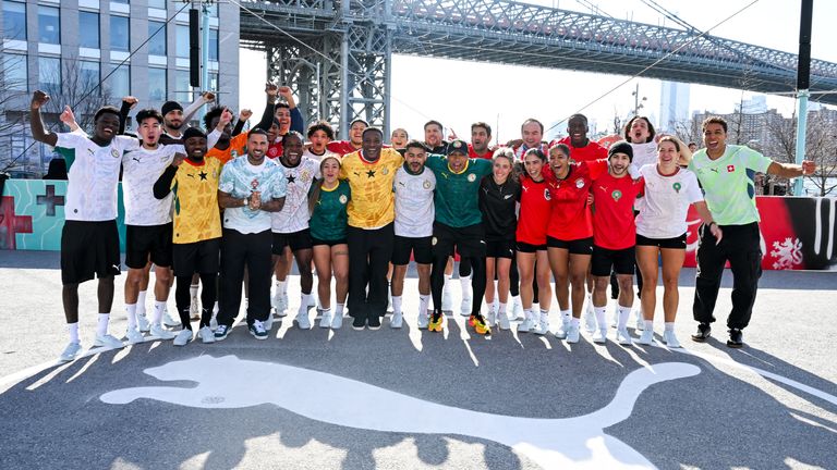 Ricardo Quaresma, Asamoah Gyan and El Hadji Diouf with fans at a PUMA event to launch their World Cup kits