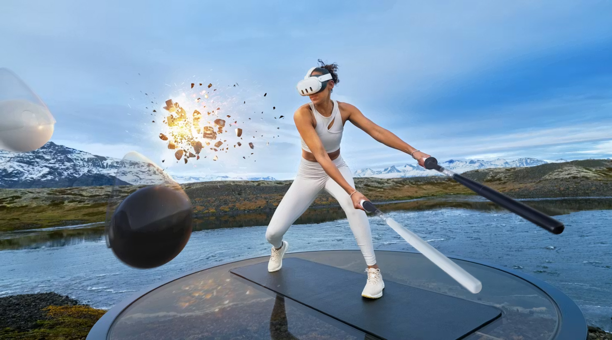An official mixed reality promotional screenshot of Supernatural on a Meta Quest 3